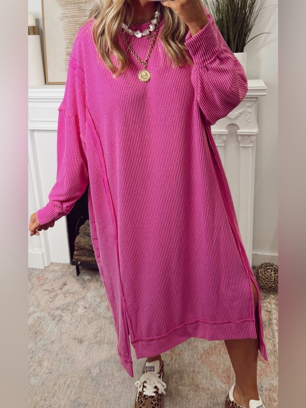 Hot Pink Ribbed Long Sleeve Shift Dress
